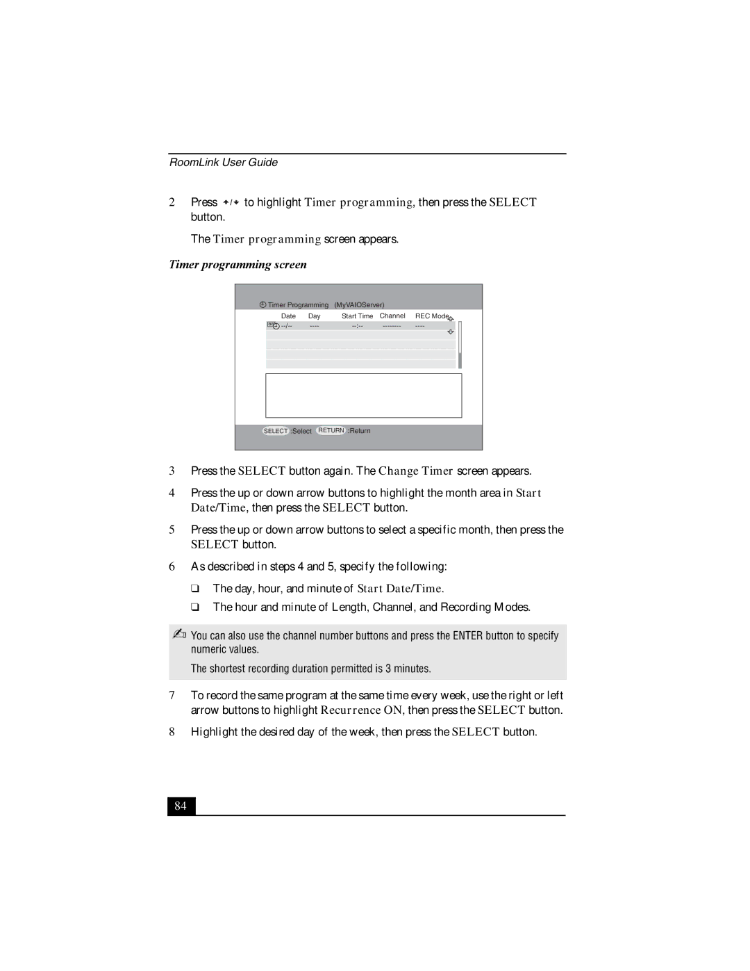 Sony PCNA-MR10 manual Timer programming screen 