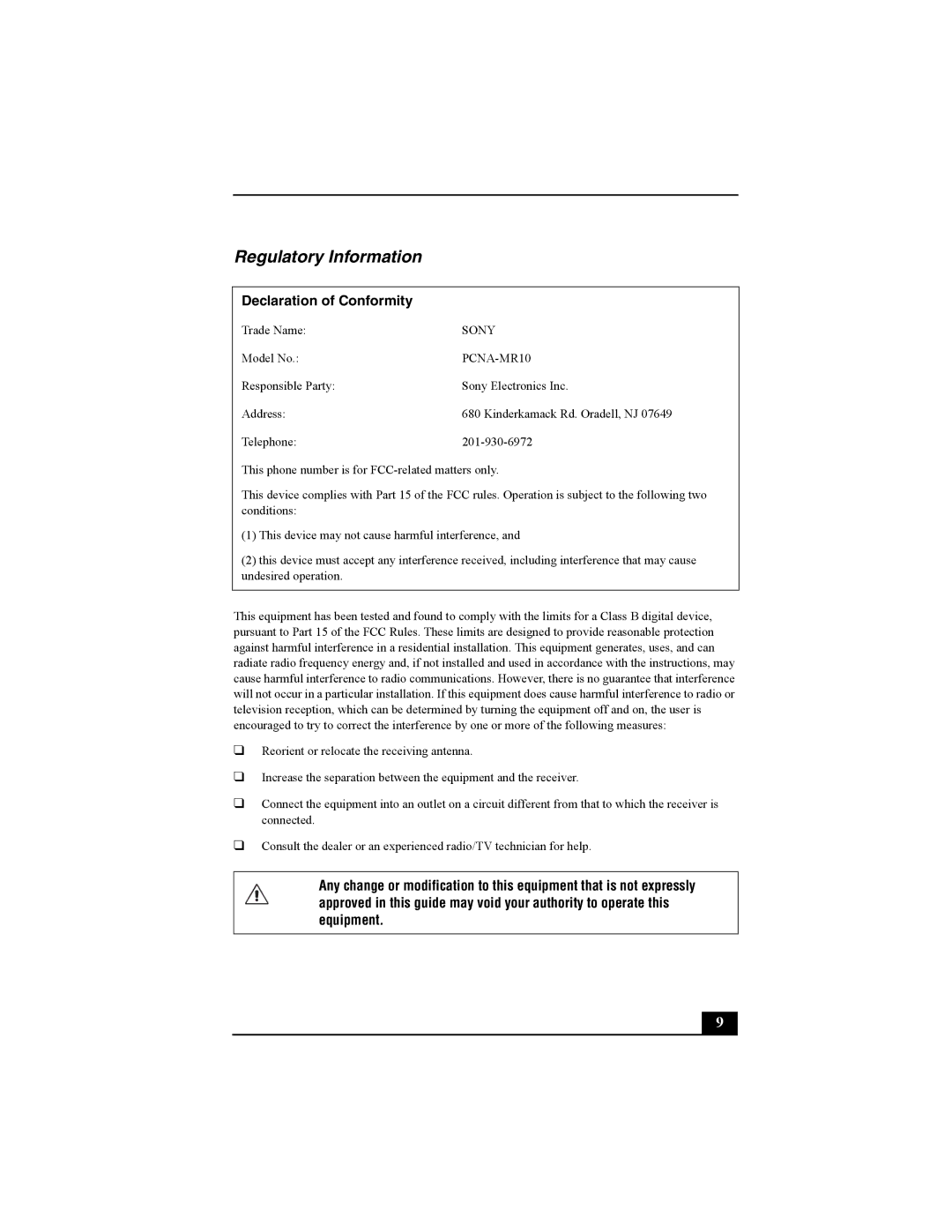 Sony PCNA-MR10 manual Regulatory Information, Declaration of Conformity 