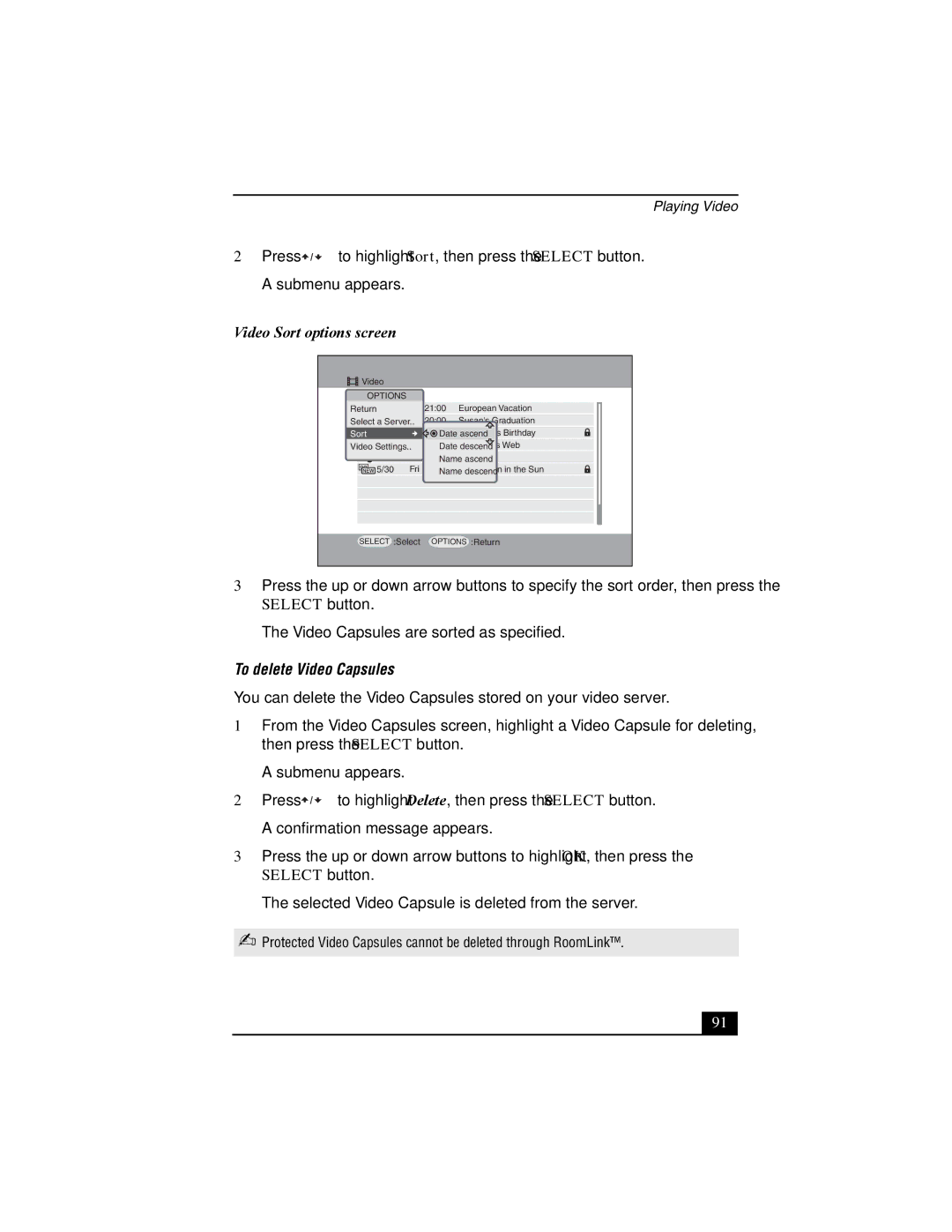 Sony PCNA-MR10 manual Video Sort options screen, To delete Video Capsules 