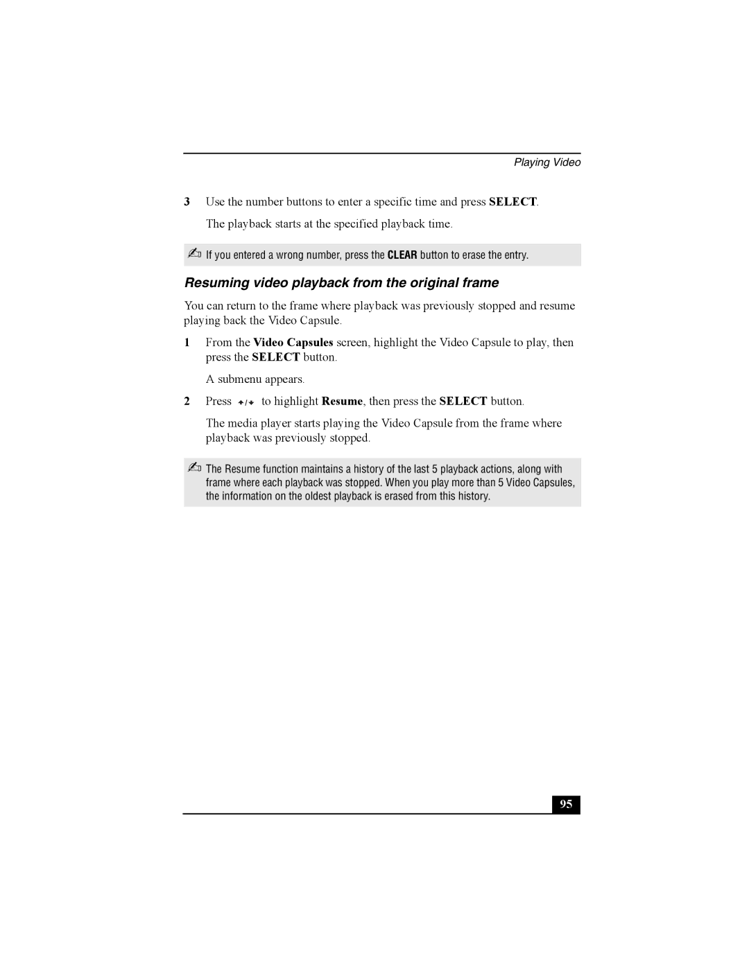 Sony PCNA-MR10 manual Resuming video playback from the original frame 