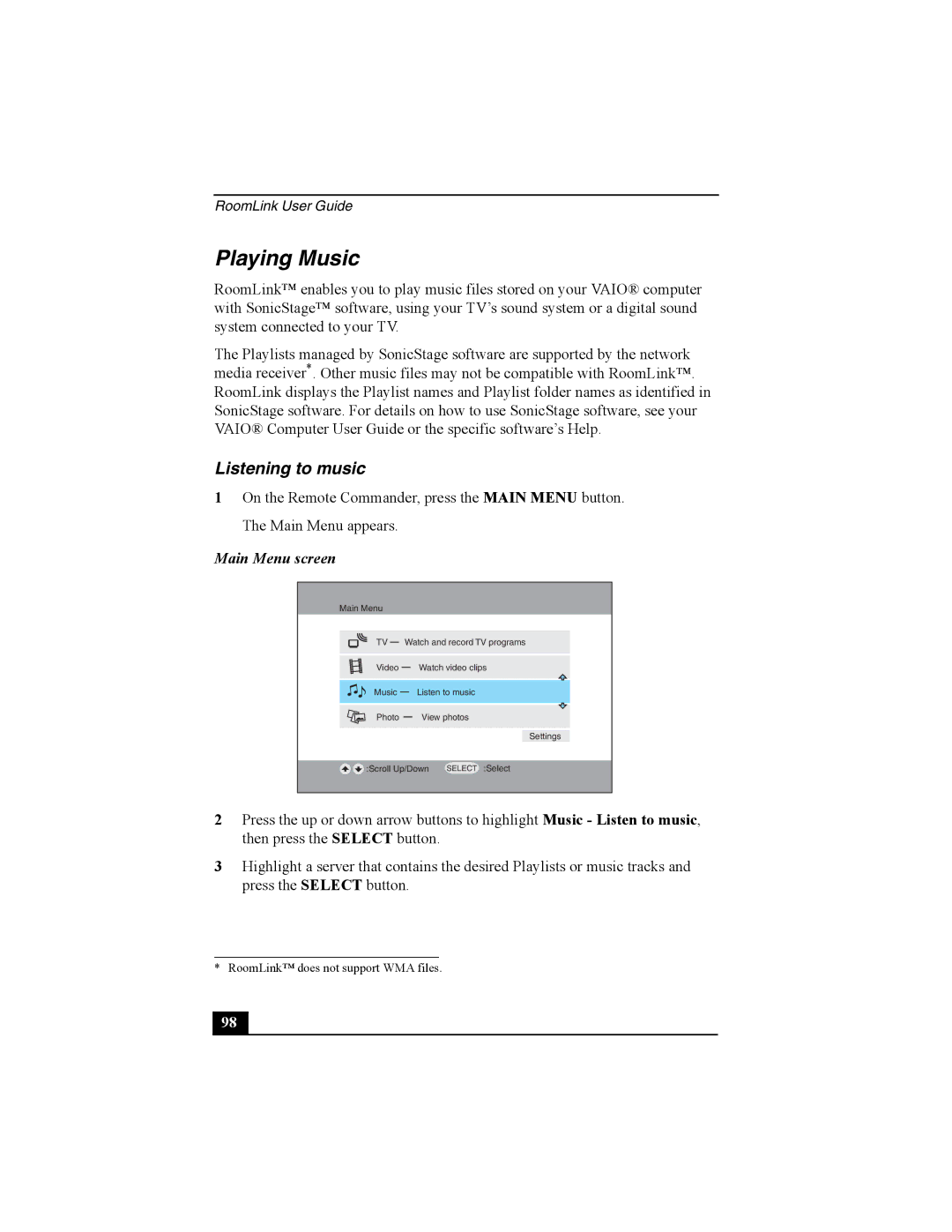 Sony PCNA-MR10 manual Playing Music, Listening to music 