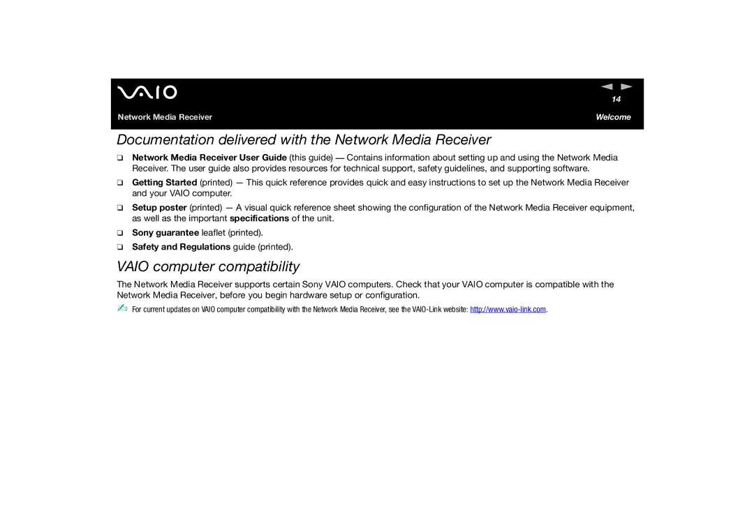 Sony PCNA-MR10A manual Documentation delivered with the Network Media Receiver, Vaio computer compatibility 