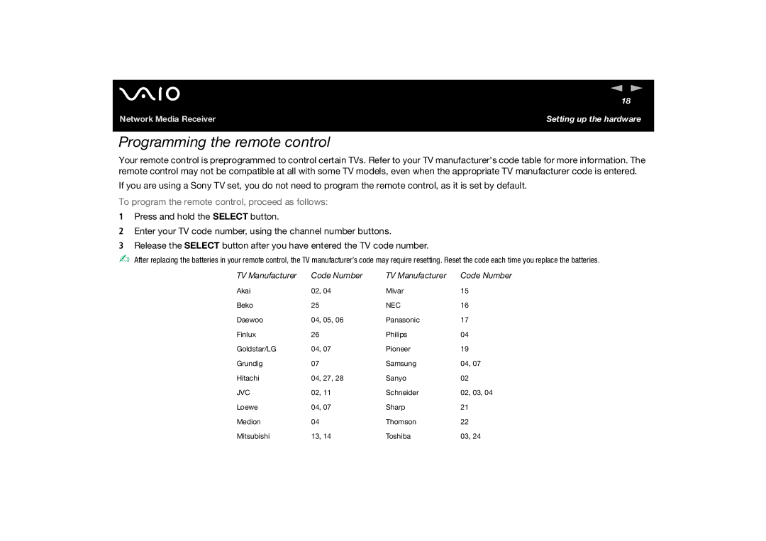 Sony PCNA-MR10A manual Programming the remote control, To program the remote control, proceed as follows 