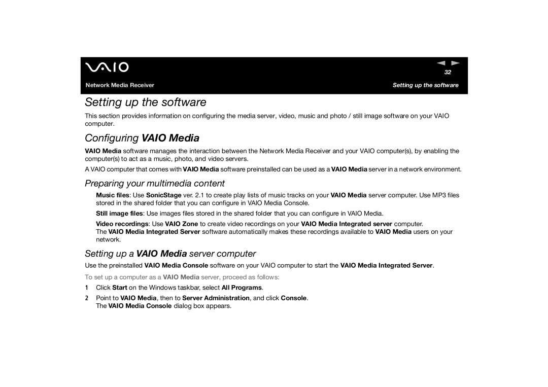 Sony PCNA-MR10A manual Configuring Vaio Media, Preparing your multimedia content, Setting up a Vaio Media server computer 