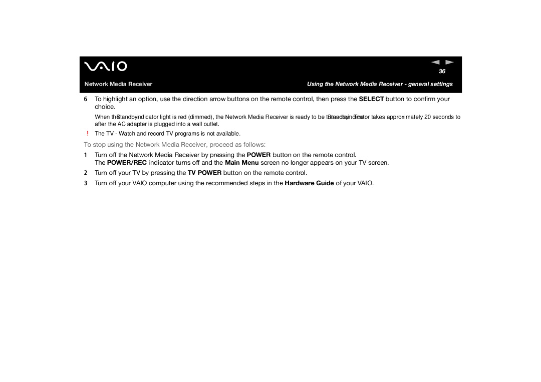 Sony PCNA-MR10A manual To stop using the Network Media Receiver, proceed as follows 