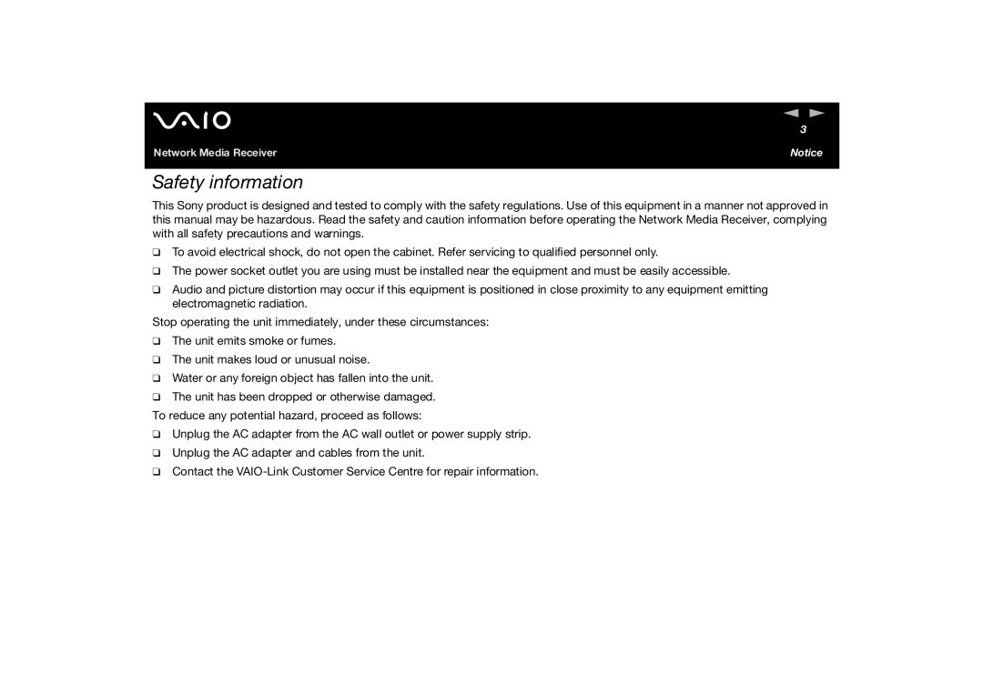 Sony PCNA-MR10A manual Safety information 