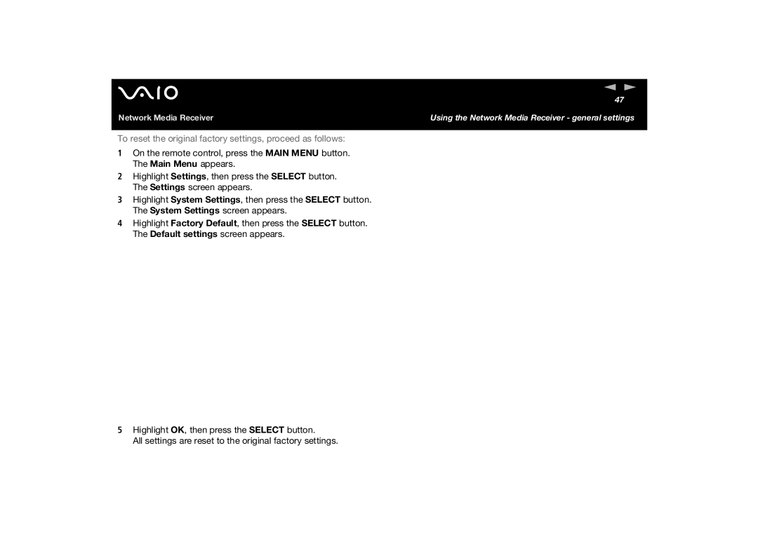 Sony PCNA-MR10A manual To reset the original factory settings, proceed as follows 