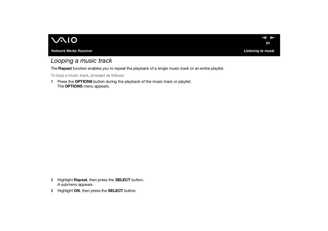 Sony PCNA-MR10A manual Looping a music track, To loop a music track, proceed as follows 