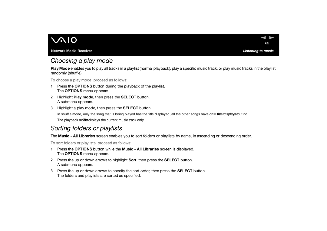 Sony PCNA-MR10A manual Choosing a play mode, Sorting folders or playlists, To choose a play mode, proceed as follows 