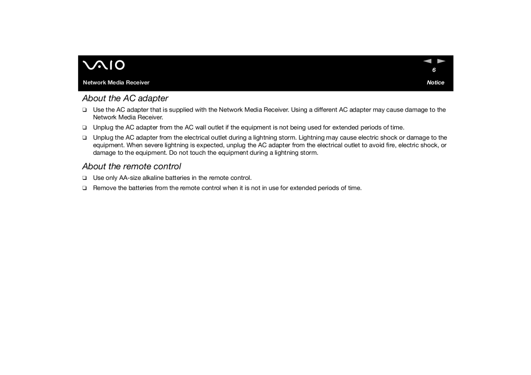 Sony PCNA-MR10A manual About the AC adapter, About the remote control 