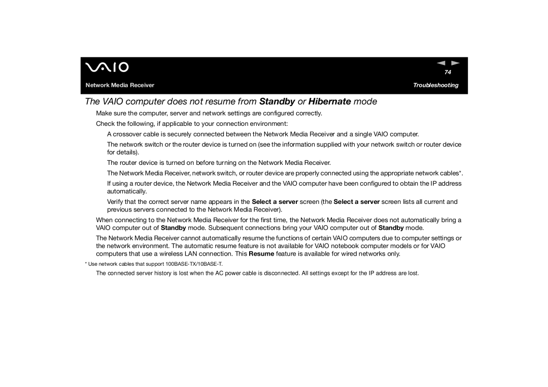 Sony PCNA-MR10A manual Vaio computer does not resume from Standby or Hibernate mode 