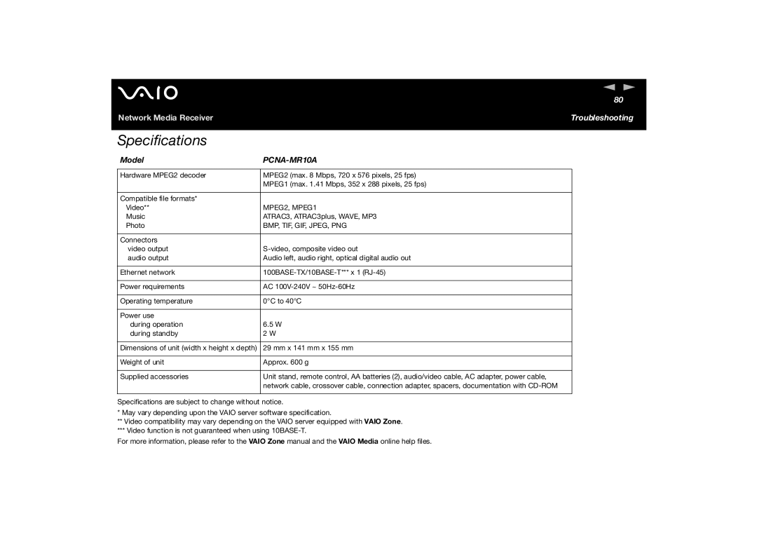 Sony PCNA-MR10A manual Specifications 