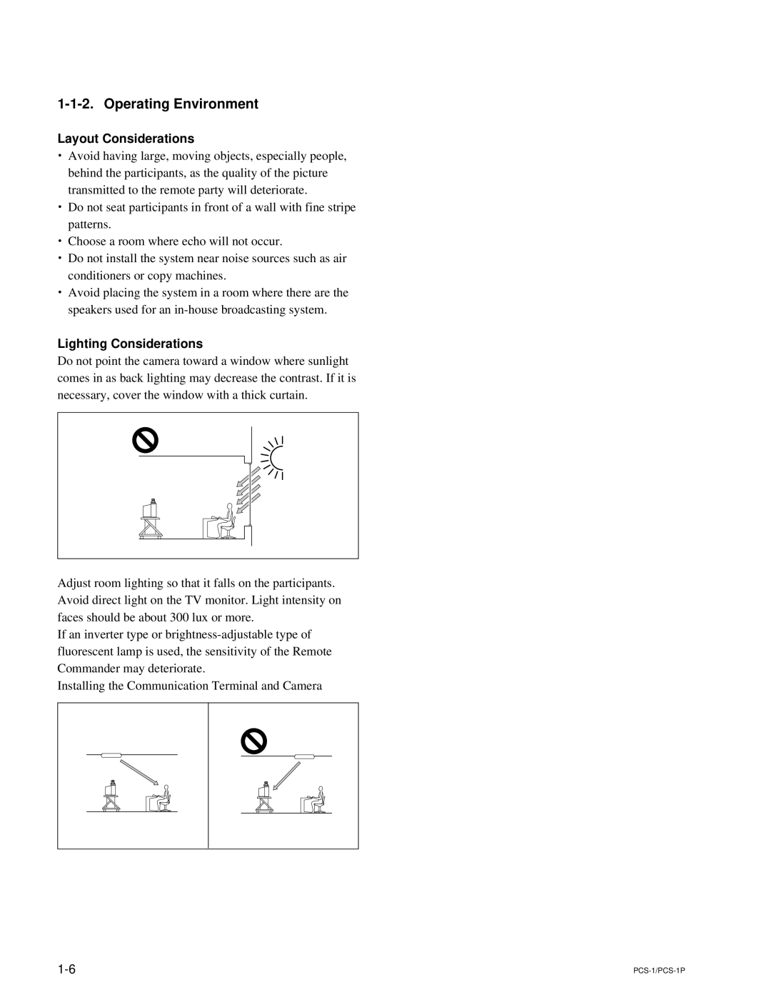 Sony PCS-1P manual Operating Environment, Layout Considerations, Lighting Considerations 