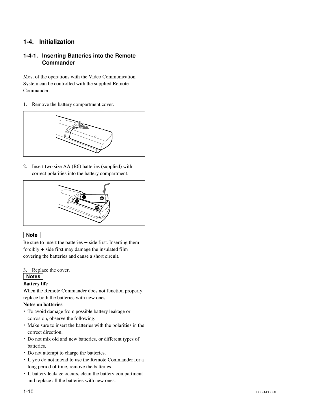 Sony PCS-1P manual Initialization, Inserting Batteries into the Remote Commander 