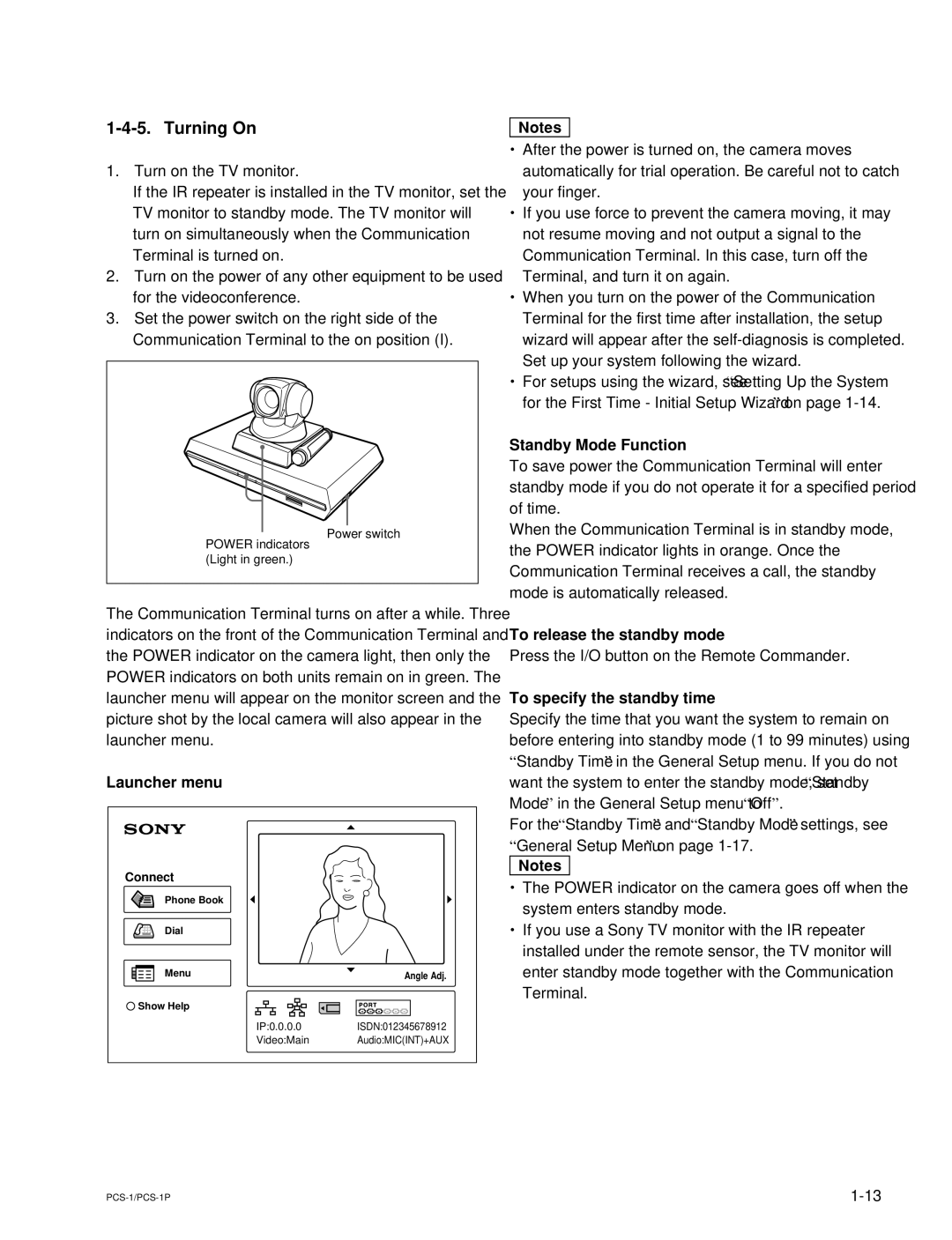 Sony PCS-1 Turning On, Launcher menu, Standby Mode Function, To release the standby mode, To specify the standby time 