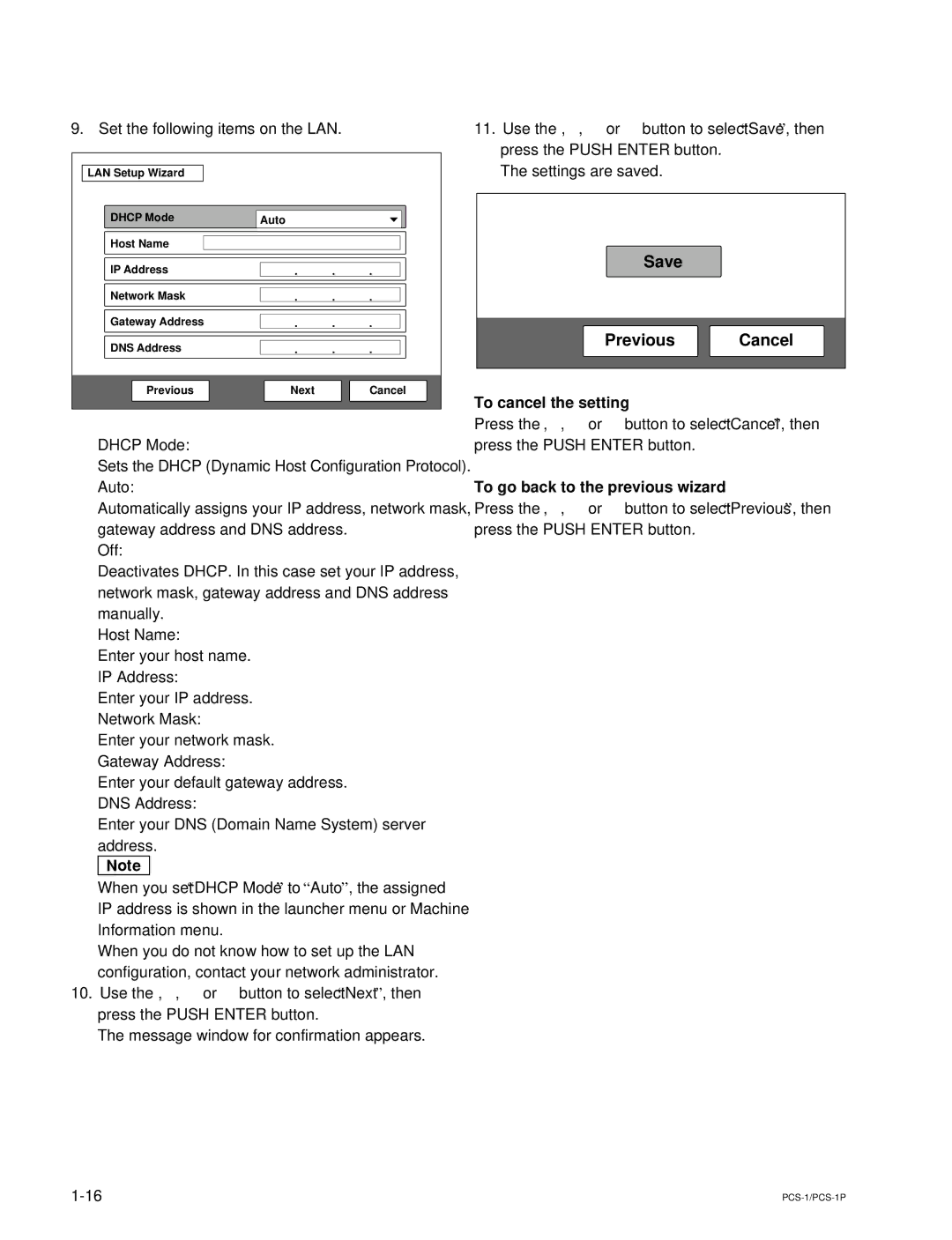 Sony PCS-1P manual To cancel the setting, To go back to the previous wizard 