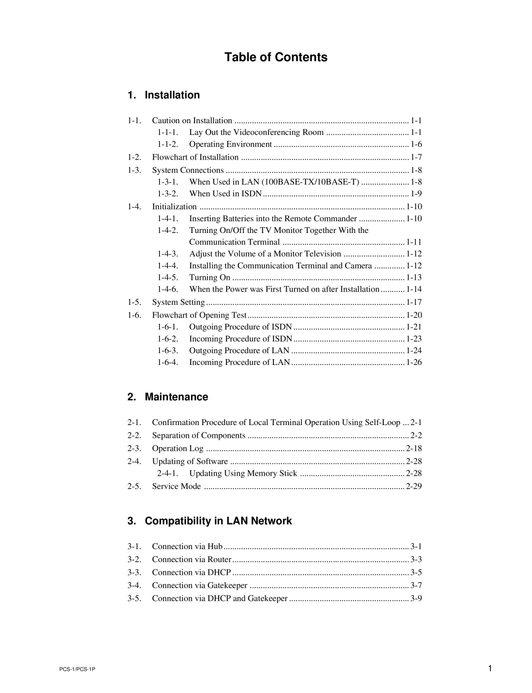 Sony PCS-1P manual Table of Contents 