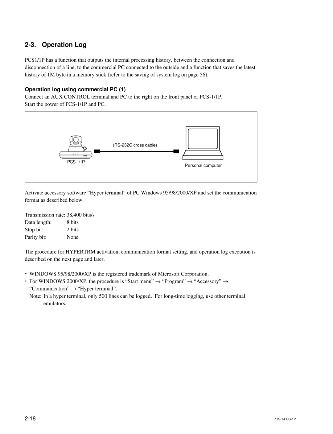 Sony PCS-1P manual Operation Log, Operation log using commercial PC 