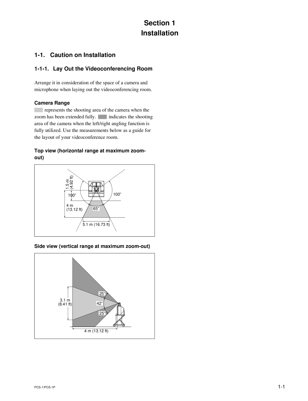 Sony PCS-1P manual Lay Out the Videoconferencing Room, Camera Range, Top view horizontal range at maximum zoom- out 