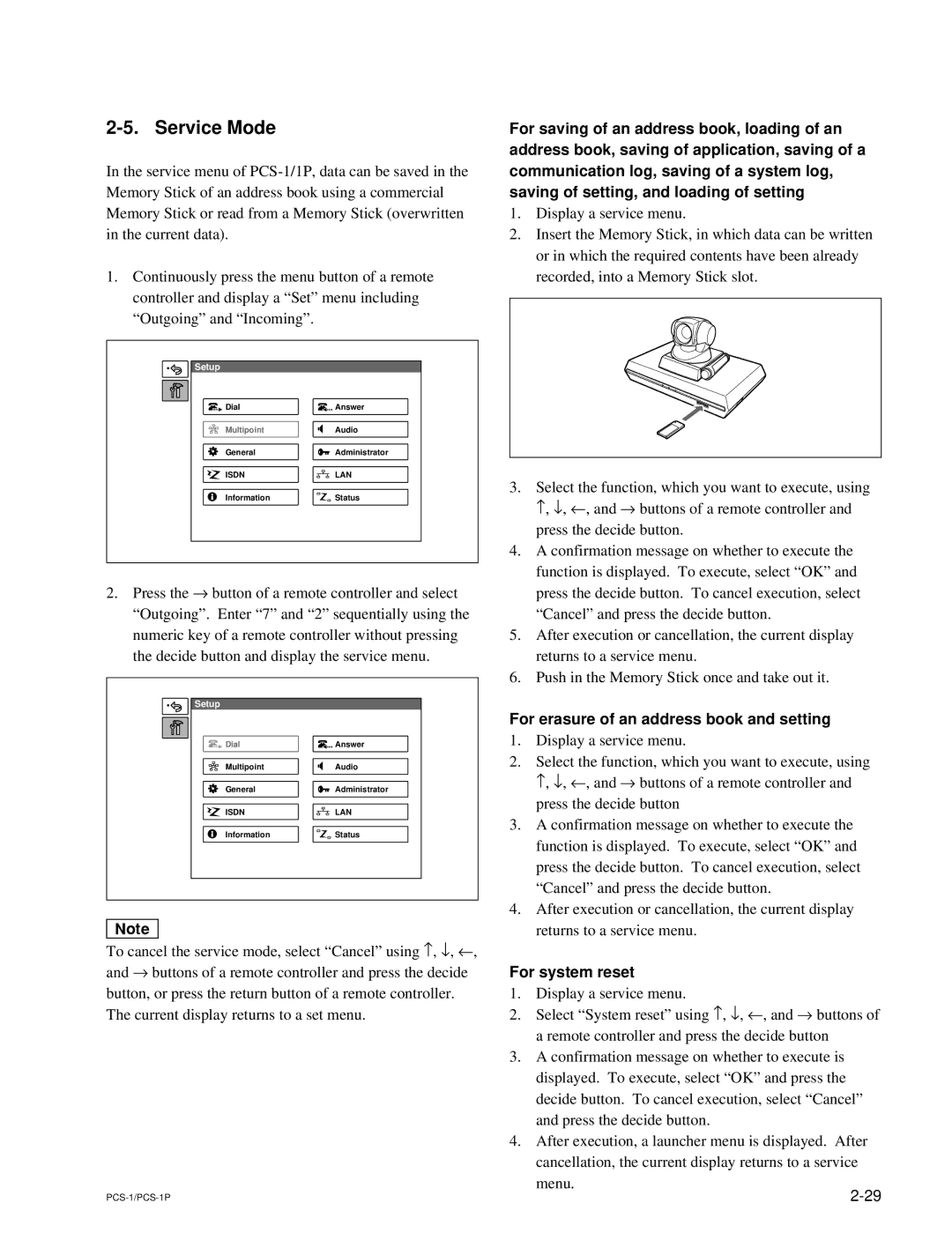 Sony PCS-1P manual Service Mode, For erasure of an address book and setting, For system reset 