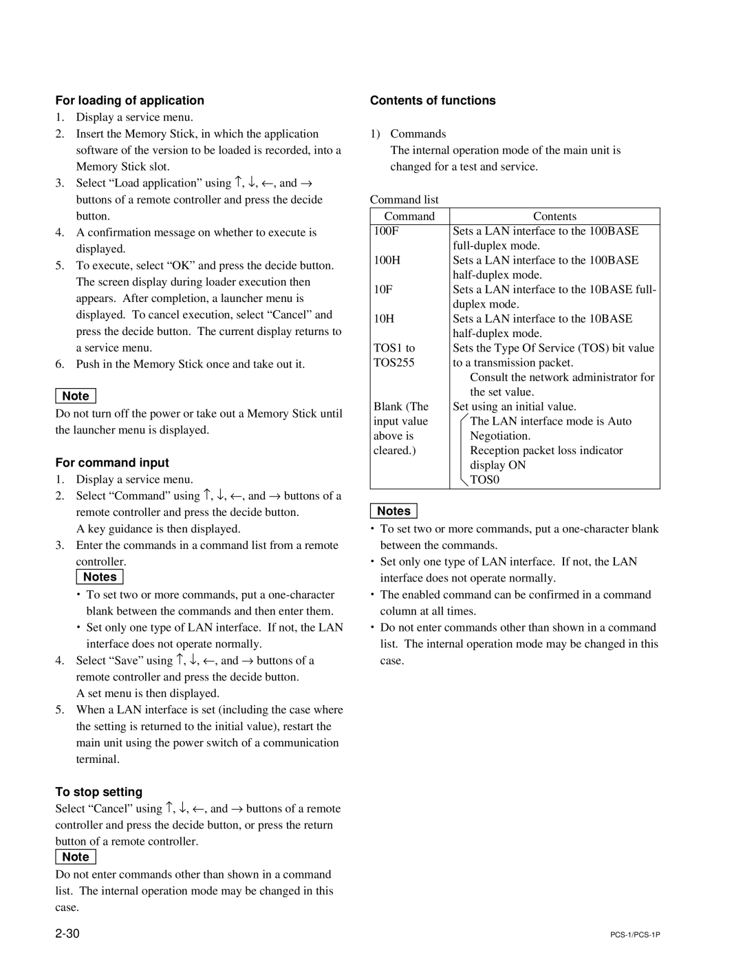 Sony PCS-1P manual For loading of application, For command input, To stop setting, Contents of functions 