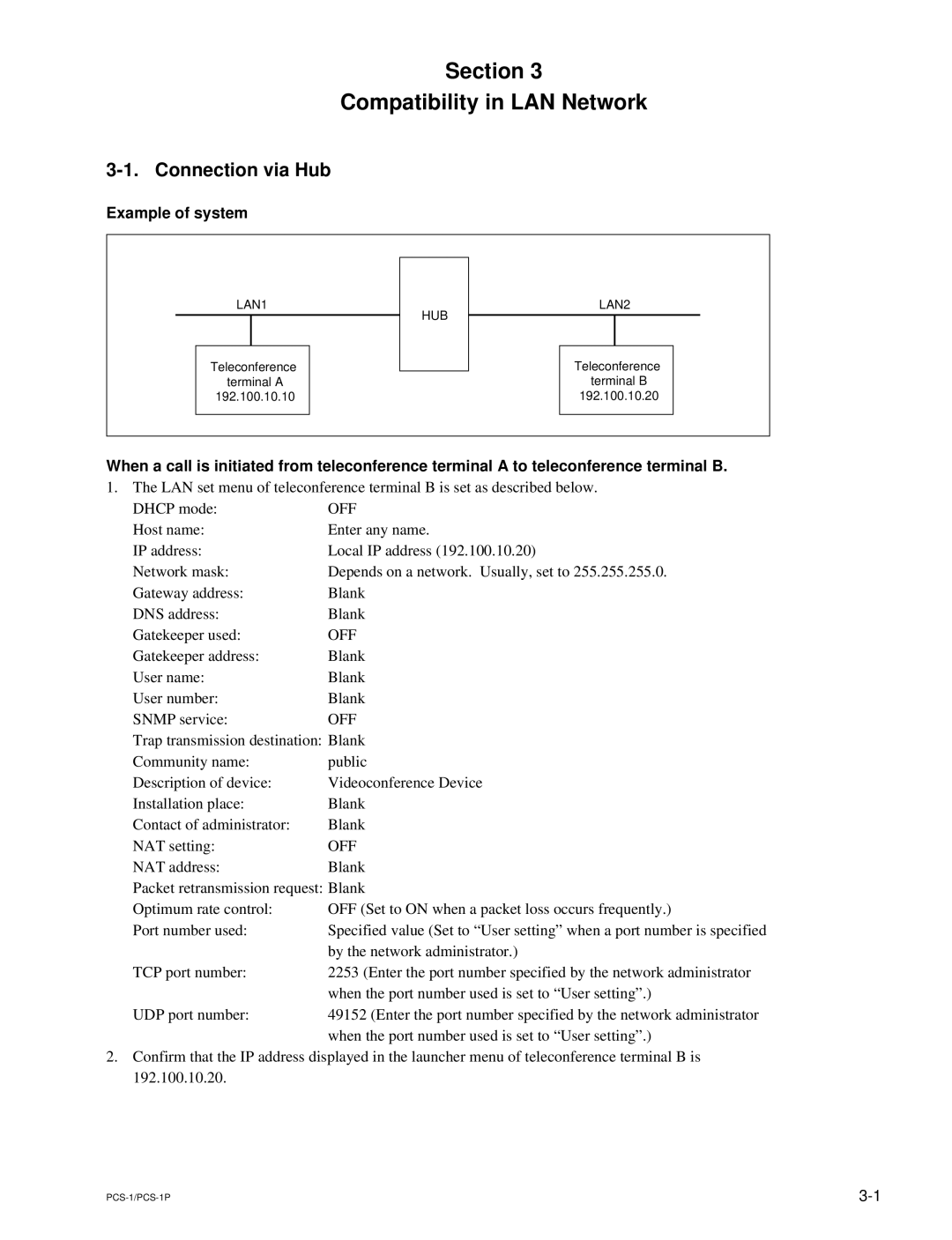 Sony PCS-1P manual Connection via Hub, Example of system 