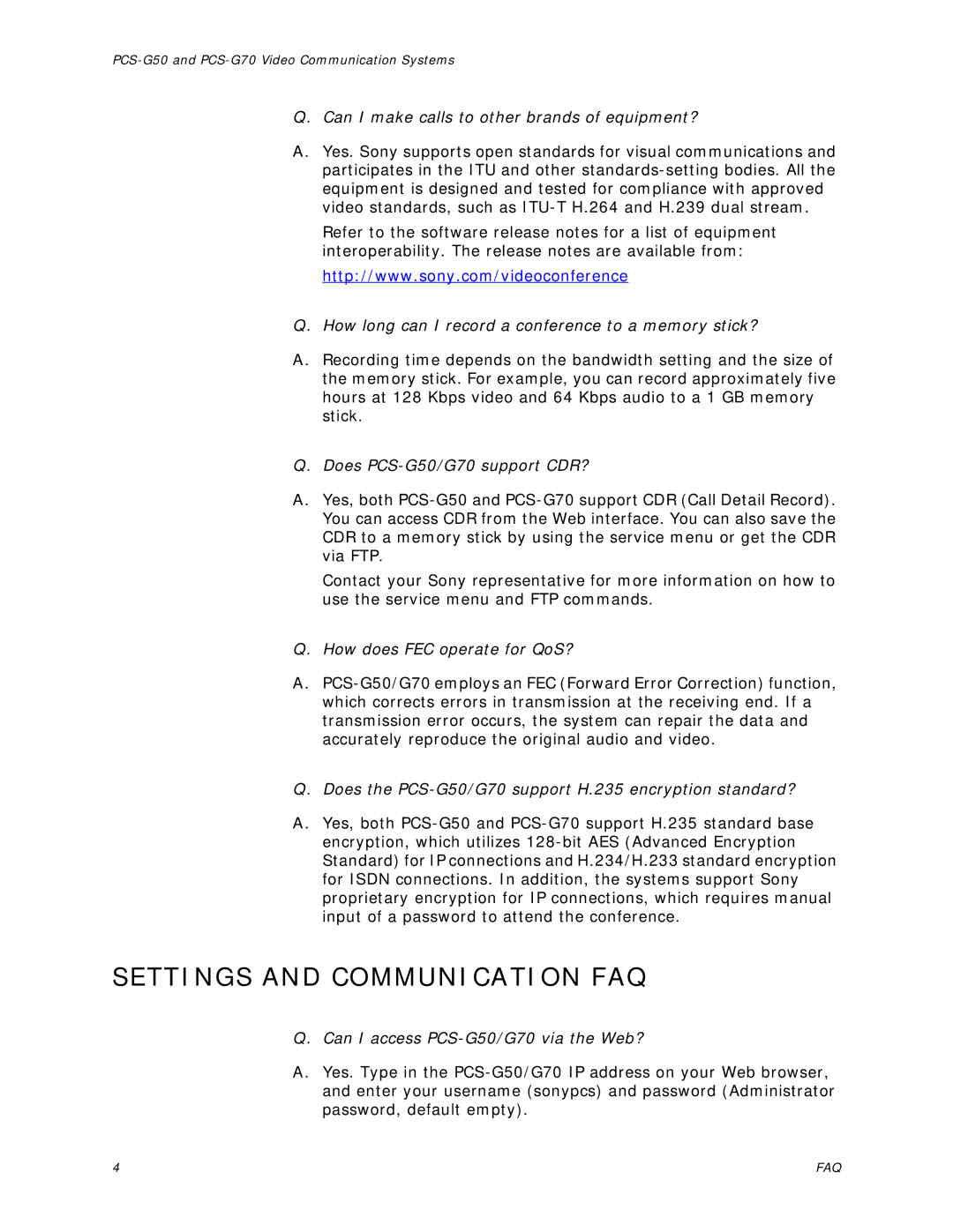 Sony PCS-G70 manual Settings and Communication FAQ 