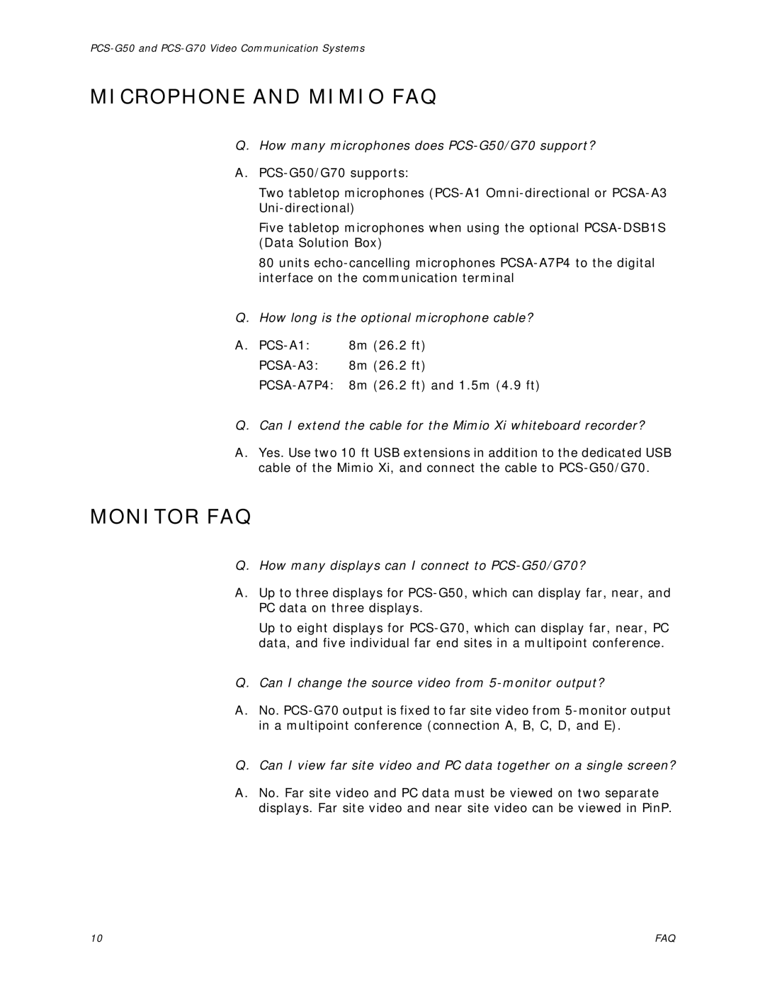 Sony PCS-G70 manual Microphone and Mimio FAQ, Monitor FAQ 