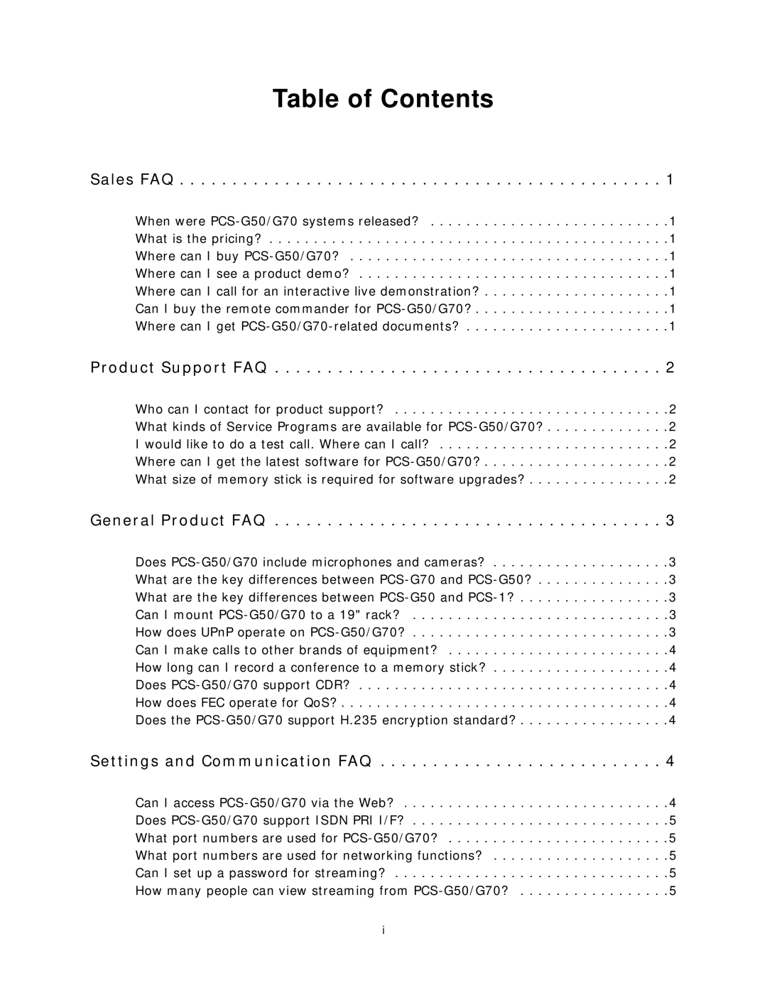 Sony PCS-G70 manual Table of Contents 