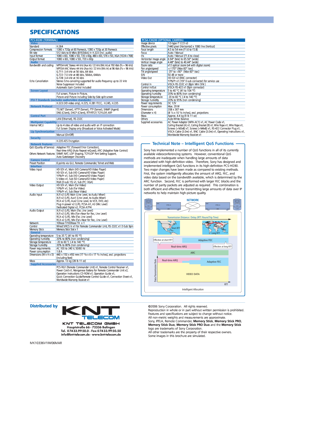 Sony PCS-HG90 manual Specifications, Technical Note - Intelligent QoS Functions, Distributed by, MK10336V1IW06MAR, Network 