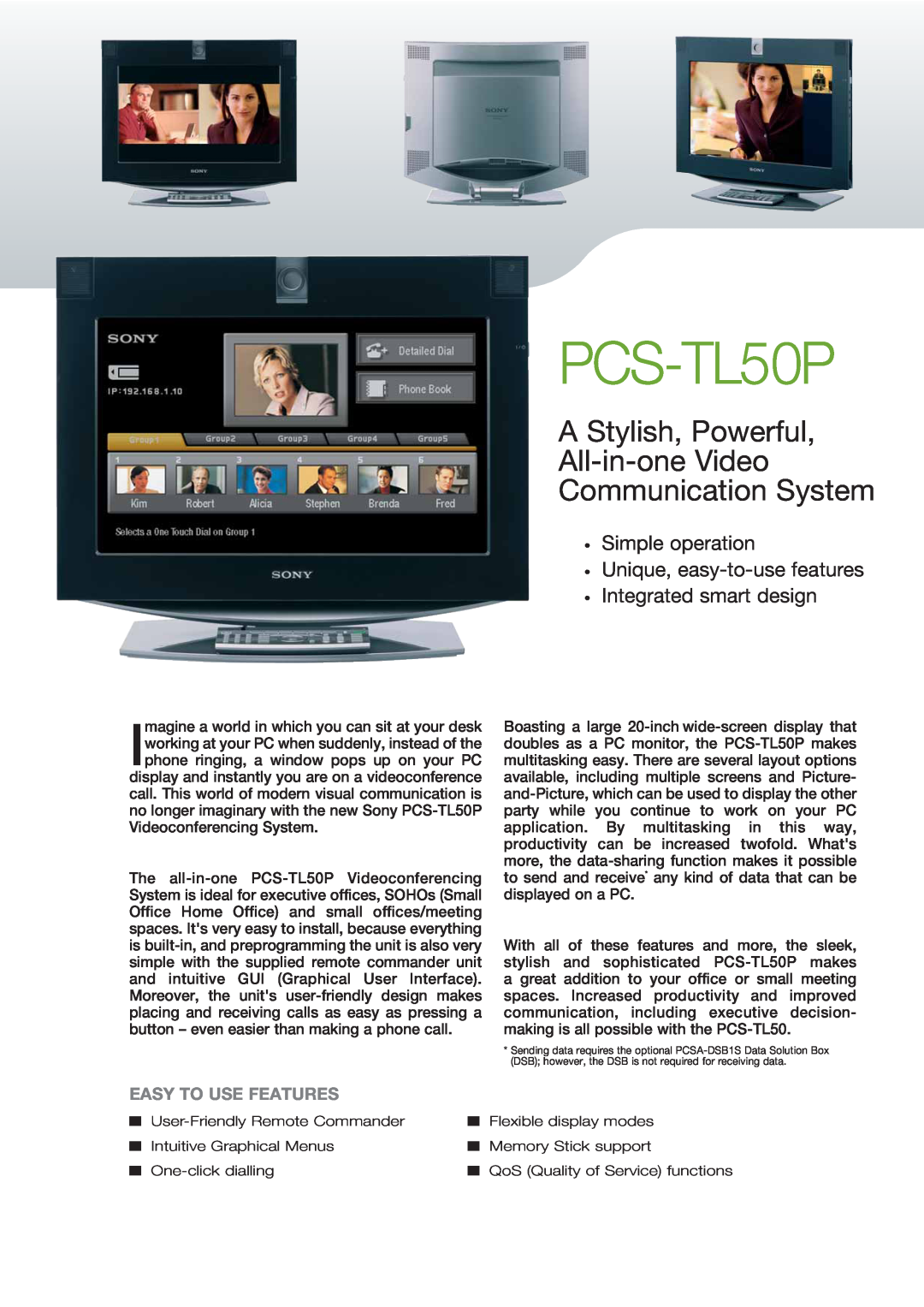 Sony PCS-TL50P manual A Stylish, Powerful All-in-one Video Communication System, Easy To Use Features 