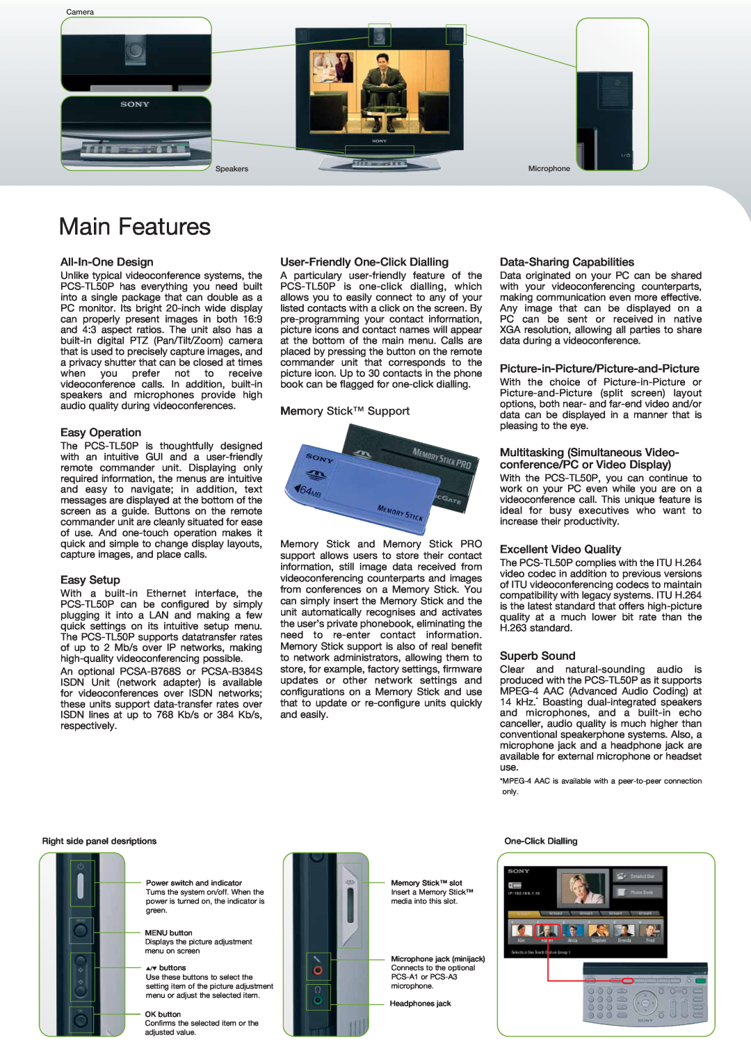Sony PCS-TL50P manual Main Features 