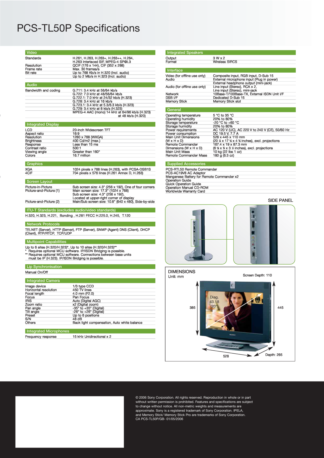 Sony manual PCS-TL50P Specifications, Side Panel, Dimensions 