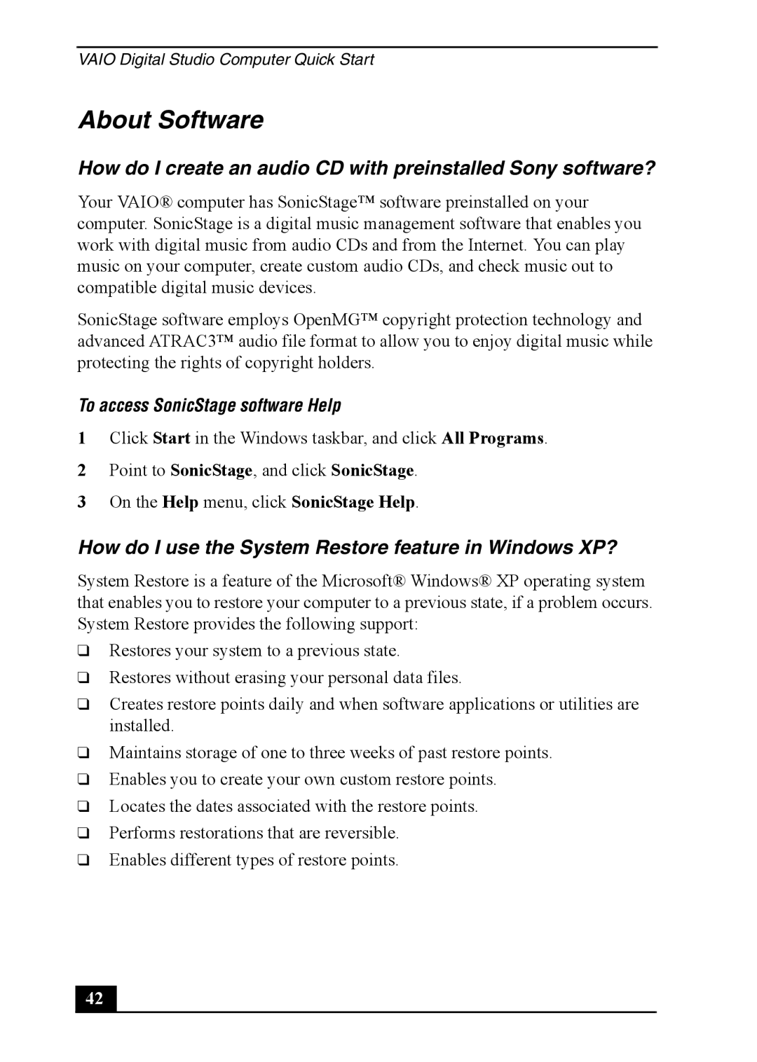 Sony PCV-7762 About Software, How do I use the System Restore feature in Windows XP?, To access SonicStage software Help 