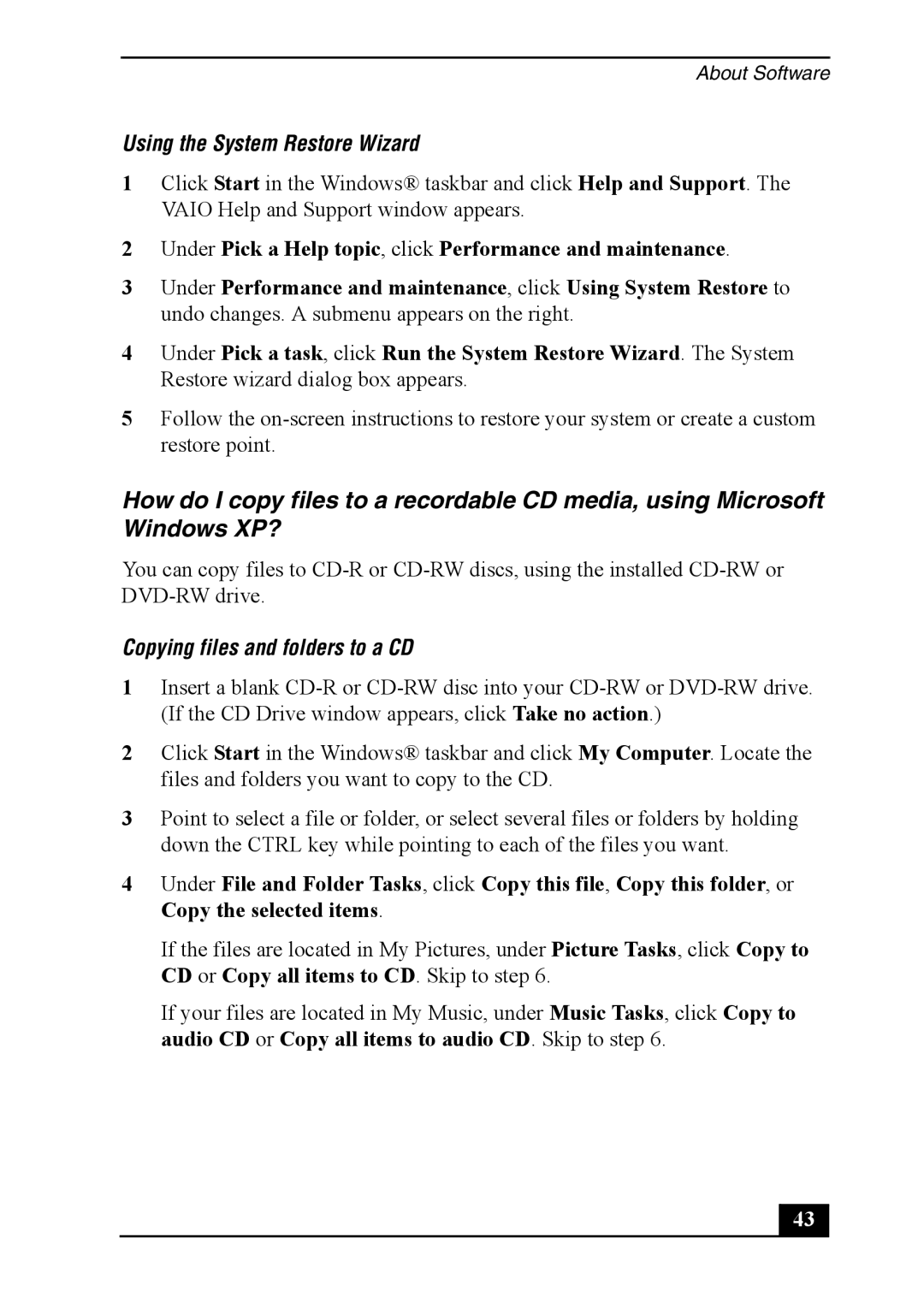 Sony PCVA-IMB4A, PCV-7762 quick start Using the System Restore Wizard, Copying files and folders to a CD 