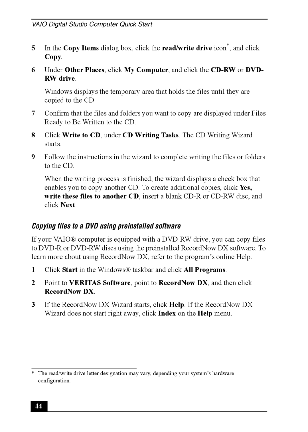 Sony PCV-7762, PCVA-IMB4A quick start Copying files to a DVD using preinstalled software 