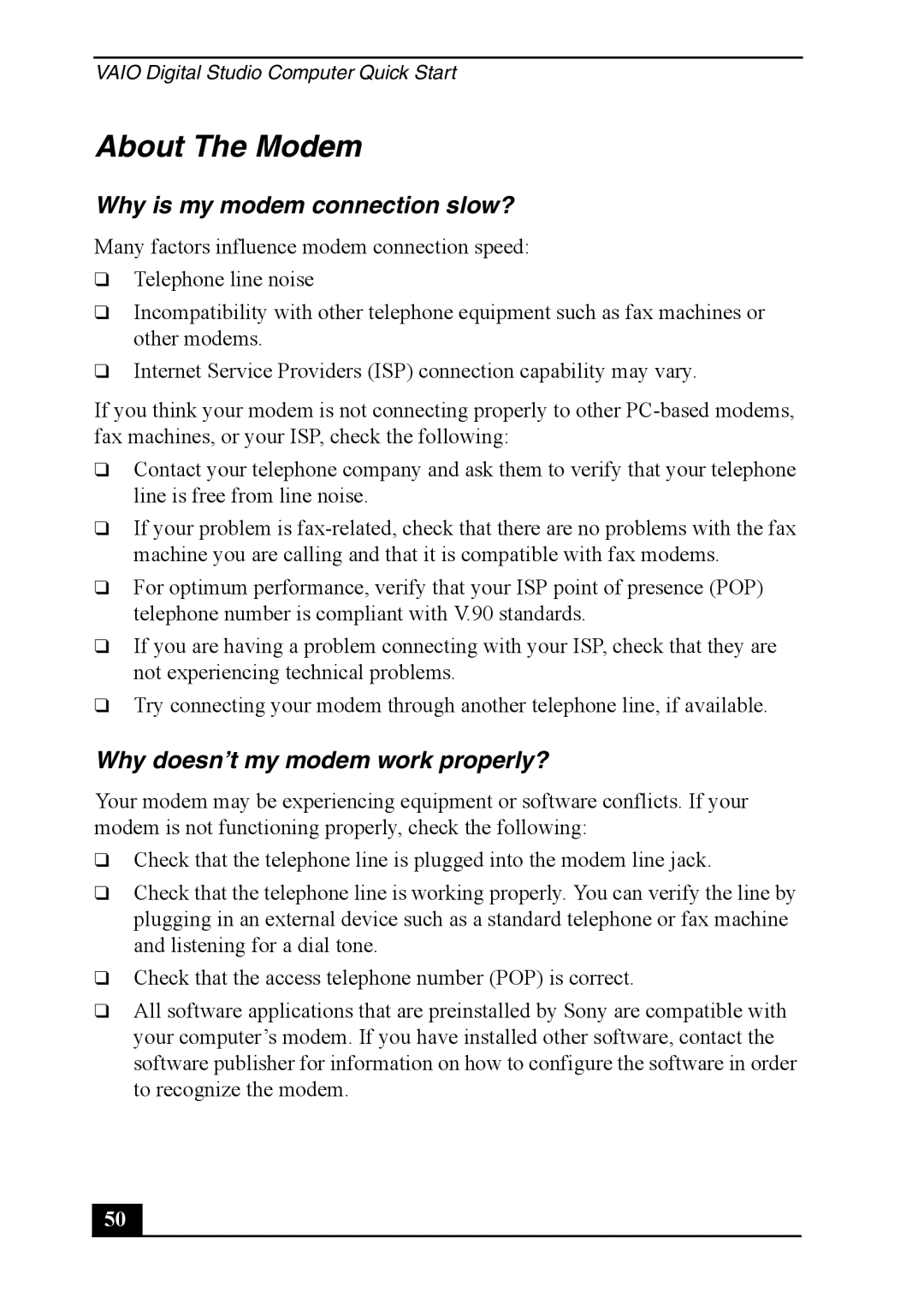 Sony PCV-7762, PCVA-IMB4A quick start About The Modem, Why is my modem connection slow?, Why doesn’t my modem work properly? 