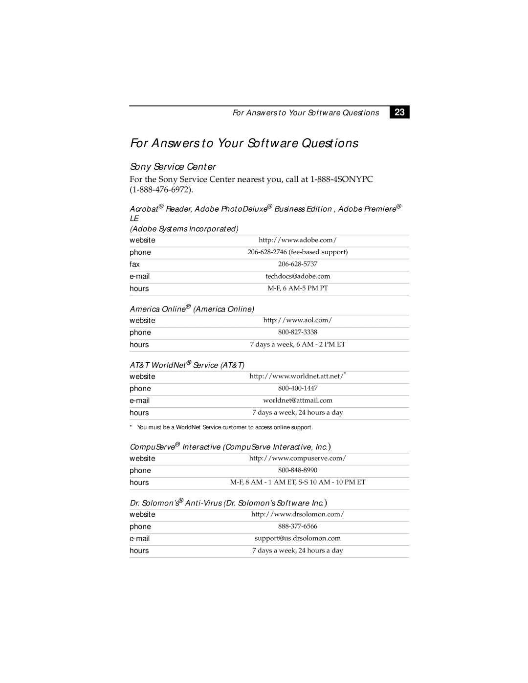 Sony PCV-E518DS manual For Answers to Your Software Questions, Sony Service Center 