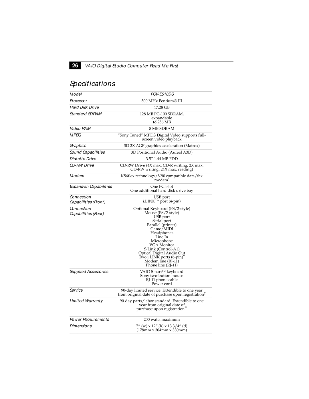 Sony PCV-E518DS manual Specifications, Mpeg 