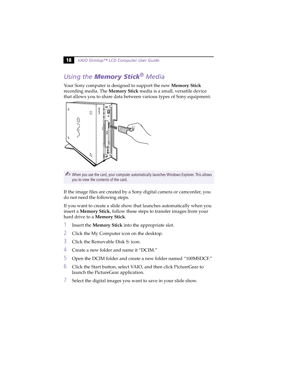 Sony PCV-L630 manual Using the Memory Stick Media, Vaio Slimtop LCD Computer User Guide 