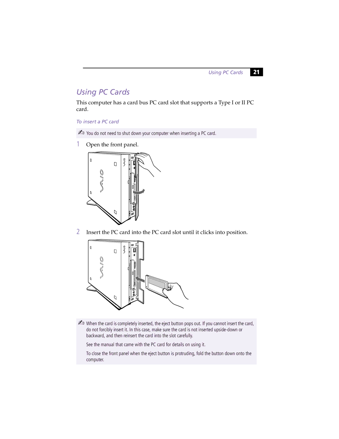 Sony PCV-L630 manual Using PC Cards, To insert a PC card 