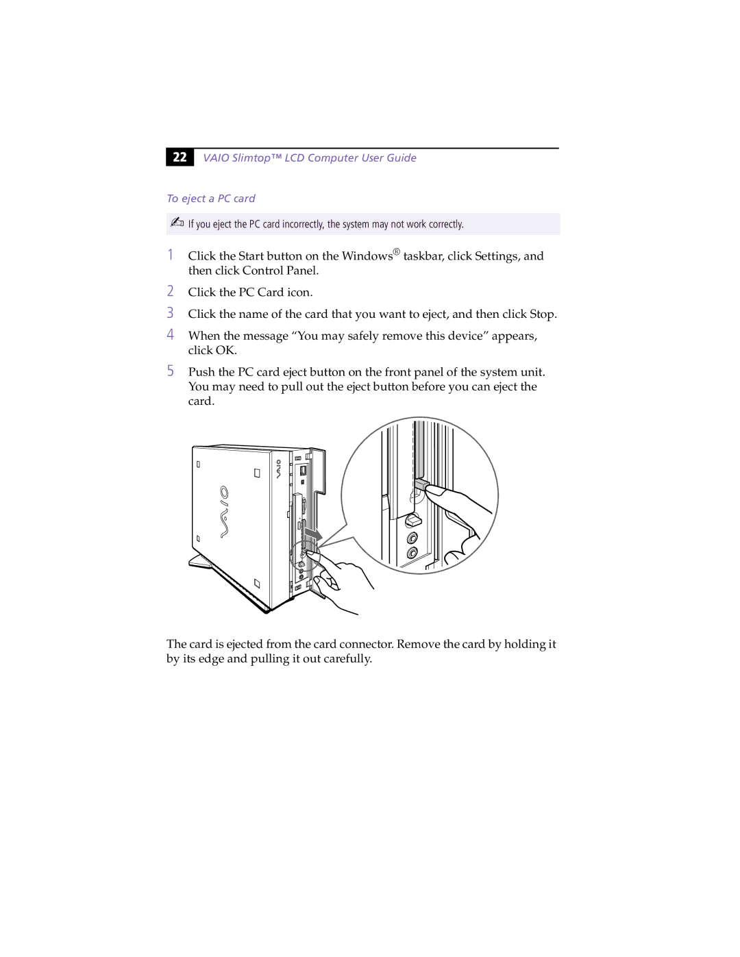 Sony PCV-L630 manual Vaio Slimtop LCD Computer User Guide To eject a PC card 