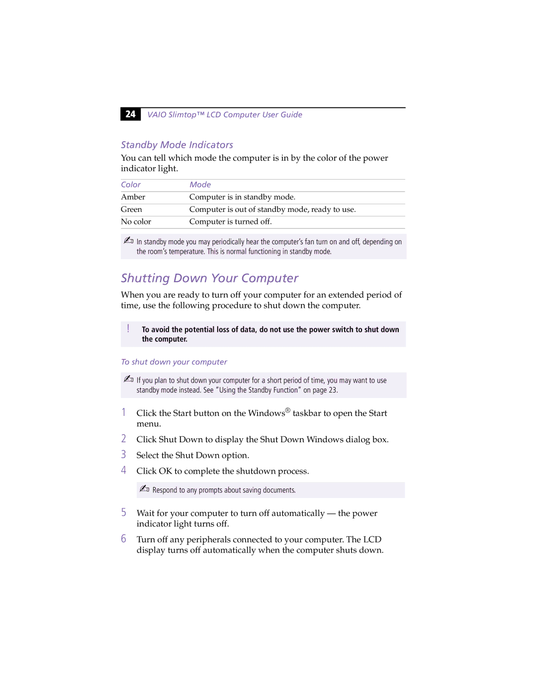 Sony PCV-L630 manual Shutting Down Your Computer, Standby Mode Indicators, Color Mode, To shut down your computer 