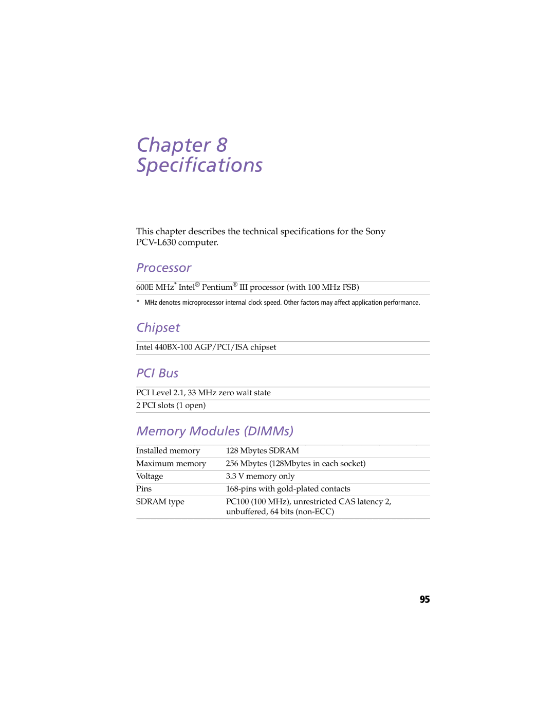 Sony PCV-L630 manual Chapter Specifications, Processor, Chipset, PCI Bus, Memory Modules DIMMs 