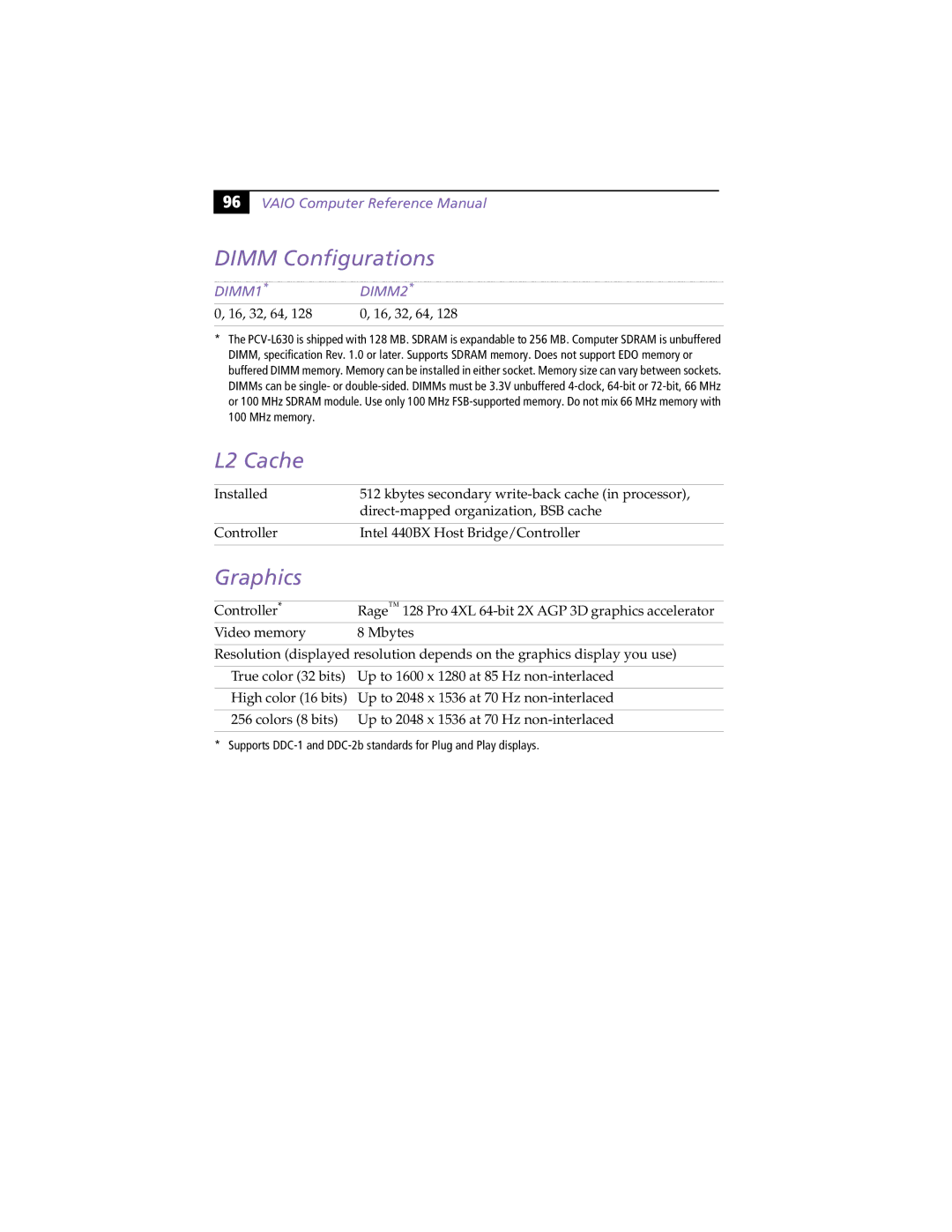 Sony PCV-L630 manual Dimm Configurations, L2 Cache, Graphics 