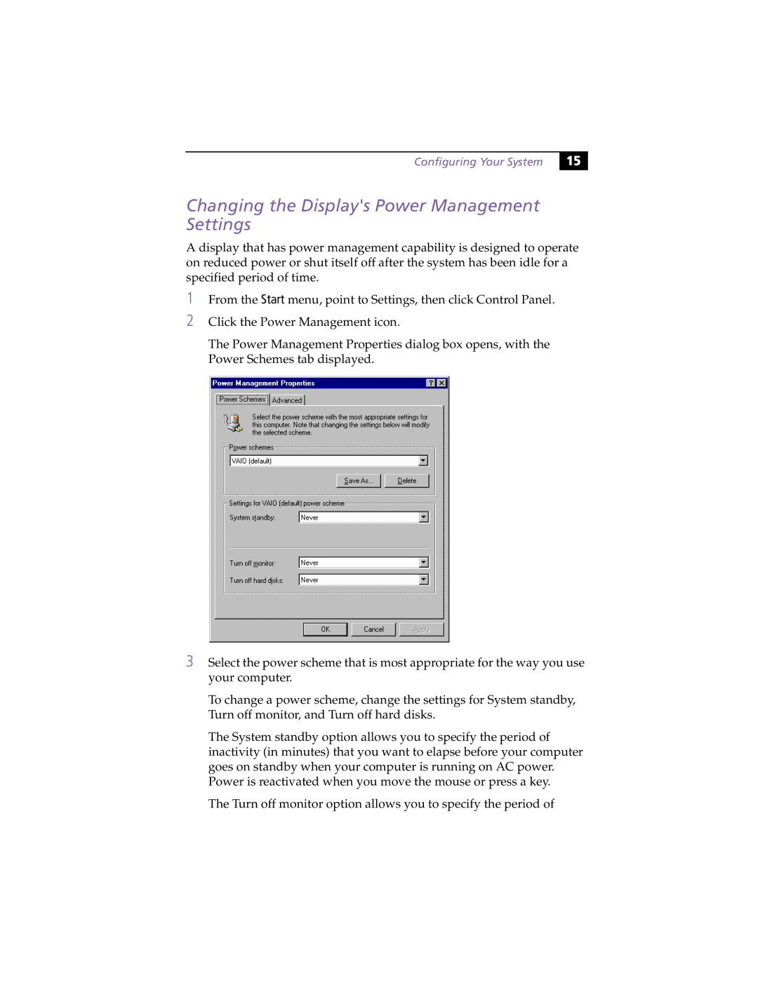 Sony PCV-L630 manual Changing the Displays Power Management Settings, Configuring Your System 