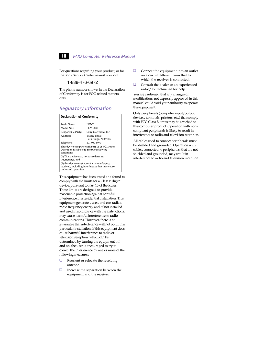 Sony PCV-L630 manual Regulatory Information, Vaio Computer Reference Manual 