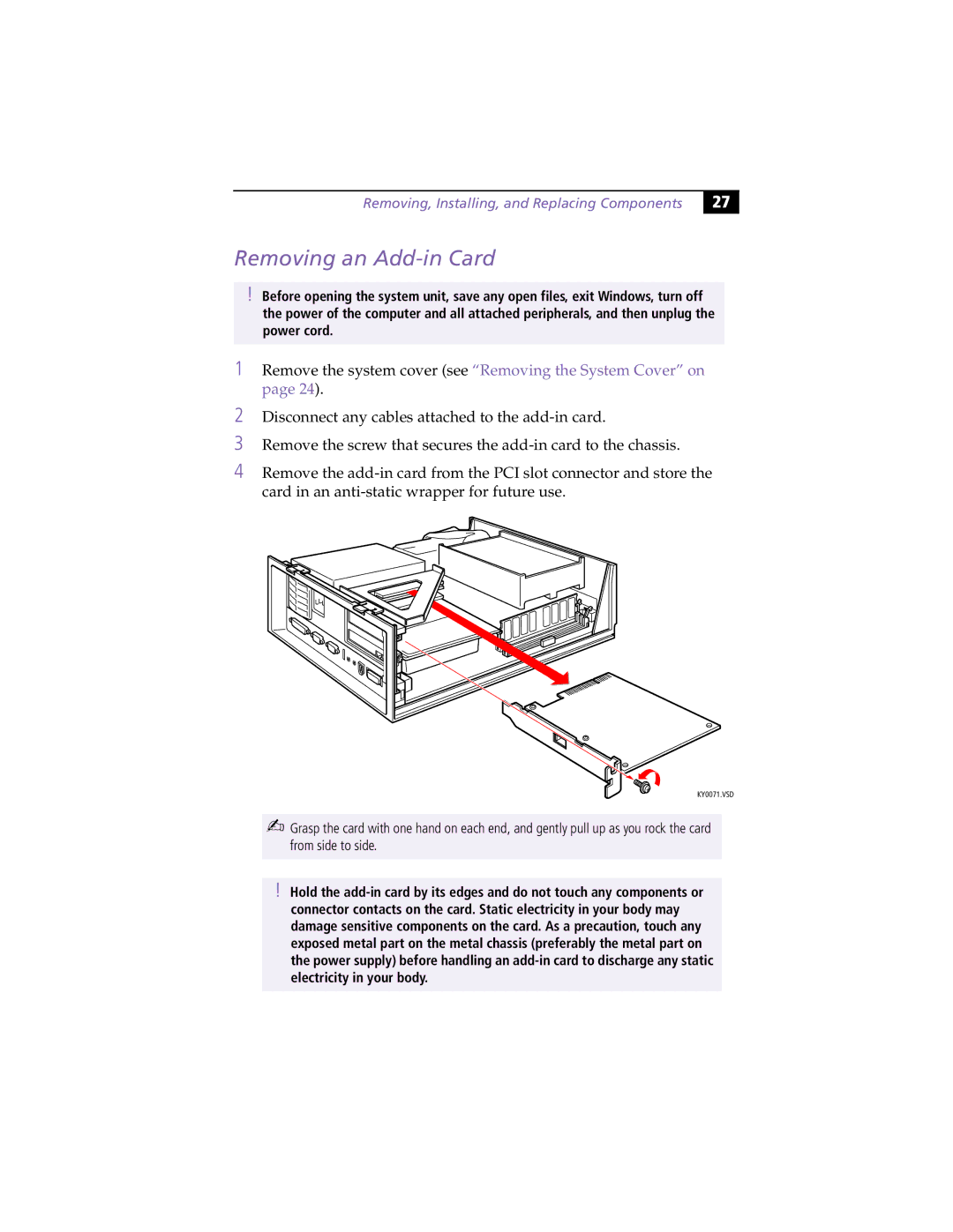 Sony PCV-L630 manual Removing an Add-in Card 