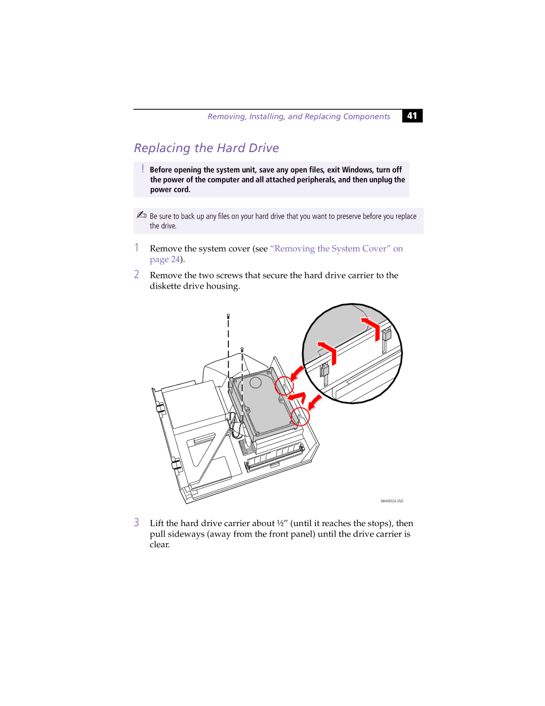 Sony PCV-L630 manual Replacing the Hard Drive 