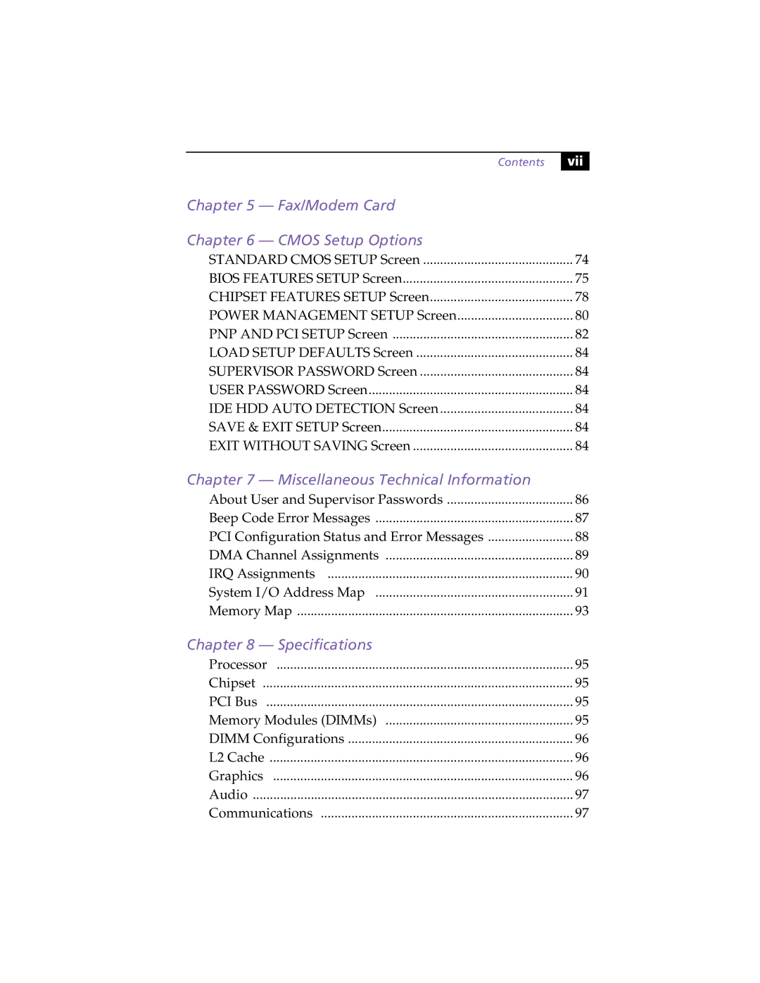 Sony PCV-L630 manual Fax/Modem Card Cmos Setup Options, Contents 